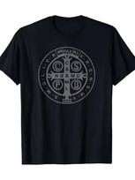 Vyrų St. Benedikto medalis T-shirt Patvarus 180 gsm Religinis marškinėlis Juodas su baltu Benediktinų taisyklės dizainu Greitai džiūstantis T-shirt 120 gray