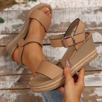 New Fish-mouth Shoes Clasp Wedge Heel Sandals One-strap Thick-soled Casual Sandals 37 balta