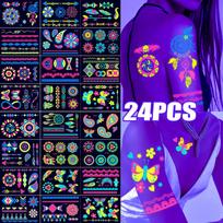 12/24pcs Luminous Temporary Tattoos Stickers UV Neon Fluorescent Glow in the Dark For Body Face Tattoo Stickers Party Accessorie blue