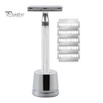 Metal Safety Razor Men with Stand Stainless Steel Blade Cleaning Brush Double-sided Shaving Tool Portable Travel Manual Male Father Husband Gift B white