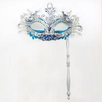 Venecijietiška kaukė su laikikliu Moteriškos vakarėlio kaukės Mardi Gras kostiumo kaukė Naktinis klubas silver blue white