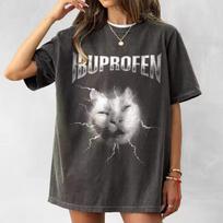 I Need Ibuprofen! Fun Retro Cat Pattern T shirt for Women, Summer New Style, Unisex Casual Cotton T shirt 140 black