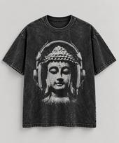 Buddha Headphones Acid Wash T Shirt Meditation Music Graphic Tee Vintage Unisex L gray
