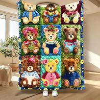1pc Cute Teddy Bear Patchwork Fleece Throw Blanket, Suitable for Holiday Gifts, Thickened Blanket, Colorful Floral Bear Block Pattern, Home Decor And 75X95CM blue
