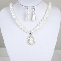Water Drop Shape Pendant Beaded Necklace Earrings Bridal Jewelry Set AVE white
