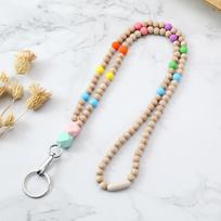 Silicone Wood Bead Keychain Lanyard with Retractable Buckle Necklace - Bohemian Style beige
