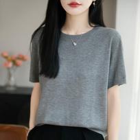 Women's Casual Loose Fit Fine Wool Knit T-Shirt Sweater with Short Sleeves and Round Neck L 110-130 jin