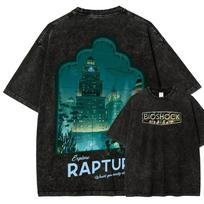 2026 Classic Retro Shooting Game Bioshock Peripherals Graphic Print T-shirt Men Women New Harajuku Wind Tee Vintage Washed Cotton Top Short Sleeve Top XXL blue