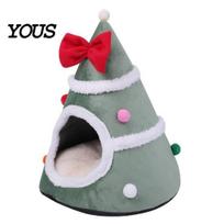 Warm Sleeping Bed for Cats Christmas Tree Cat Bed, Plush Cave with Removable Cushion, Non-slip Holiday Pet Decor Bottom, Cozy House Indoor Kittens žalia