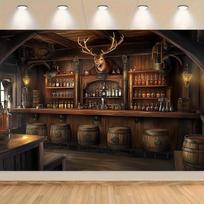 Retro Western bar backdrop - wooden bar, barrel and stool, cowboy-themed party banner - Fall/Winter event 47.2x31.5inch/120*80cm brown