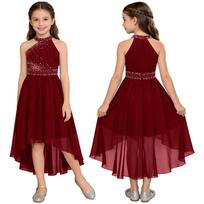 Mergaičių blizganti kalnų krištolo vakarėlio suknelė be rankovių, suraukta liemenė, tinklinė juosmens detalė, aukštesnis priekis, žemesnis galas, šifono suknelė 5-6 Years bordinė