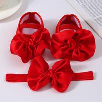 Baby Color Shoes + Hairband Set Big Bow Glue Soft Bottom Non- Toddler Shoes S raudona