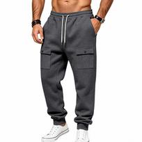 Men's Multi Pocket Cargo Jogger Pants, Drawstring Elastic Waist Tapered Sweatpants with Flap Pockets, Casual Streetwear Trousers for Daily Workout XXL tamsiai pilka spalva
