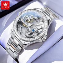 OLEVS 6699 Women's Wristwatch Fully Transparent Hollow 40mm Big Dial Diamond Bezel Luxury Automatic Mechanical Watch for Lady gray