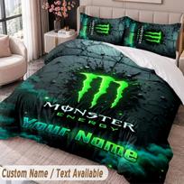 Monster Energy Printed Bedding Set Custom Name Text 1 Duvet Cover 2 Pillowcases For Bedroom 135cmx200cm gray