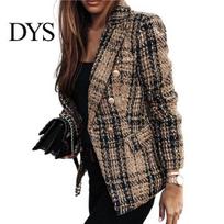 Women Blazer Double-breasted Plaid Print Lapel Long Sleeves Thick Coat Warm Cardigan Formal Business Winter Female Clothes 3XL gray
