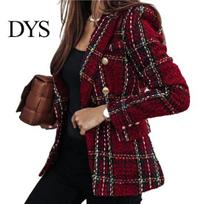 Women Blazer Double-breasted Plaid Print Lapel Long Sleeves Thick Coat Warm Cardigan Formal Business Winter Female Clothes 3XL