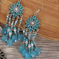 1Pair of European, American and Bohemian Feng Shui Drop Fringed Earrings, Elegant Long Earrings povo mėlyna spalva