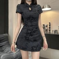 Summer new Chinese frog button national style improved qipao short design niche pleated slim dress XL juoda