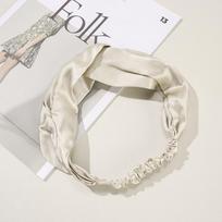 100% gryno šilko platus plaukų raištis moterims - Minkštas satino galvos raištis klasikinių vienspalvių spalvų, elegantiškas kasdieniam dėvėjimui, dovana Silk Crossed Headband Oatmeal Gray white