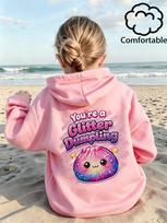 Girls' hooded sweatshirt with glitter gradient dumpling cartoon print featuring  You're A Glitter Dumpling  as a Christmas gift. 160 pink