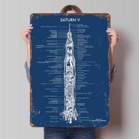 SATURN V ROCKET BLUEPRINT Poster Nasa Space Tinplate Sign Wall Decoration Items Customized Metal Signs for Home Room Wall Art 30x40cm(11.8x15.7inch) blue