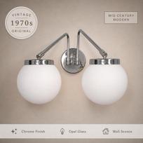 Mid Century Modern Chrome Double Globe Wall Sconce,  1970s Opal Glass Lamp