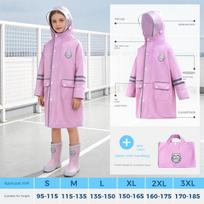 Vaikų lietpaltis pradinių klasių mokiniams, berniukams ir mergaitėms, 2026 m. modelis, su vieta kuprinei, pilno kūno vandeniui nepralaidus pončas L pink