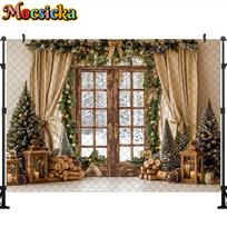 Mocsicka Photography Backdrop Christmas Wooden WindowWinter Snow Scene Decoration Family Xmas Holiday Party Portrait Studio Prop Cotton-150x100cm beige