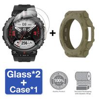 Stiklas+Dėklas Amazfit T-Rex 2 Ekrano Apsauginė Grūdinto Stiklo Plėvelė ir TPU Minkštas Apsauginis Buferis T Rex 2 Rex2 Dangtelis Priedai for Amazfit T Rex 2 žalia