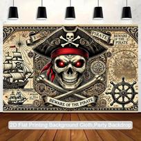 1 piece Pirate Skull Background Cloth - Retro Black and Red Tone Decoration -  Beware of Pirates  Text 230X180 black