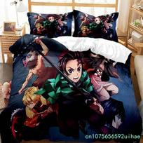 3D Printed Anime Demon Slayer Bedding Set Nezuko Tanjirou Duvet Cover Double Twin Full Queen King Adult Kids Quilt Cover EU Single 135*200cm/53x79in 3pcs black