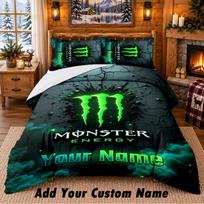 Monster Energy Pattern Bedding 3Pcs Set Custom Name, Bed Sheet And Pillowcases For Home Bedroom 135cmx200cm brown