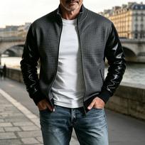Men's Knit Color Block Jacket with Leather Sleeves and Ribbed Hem M gray