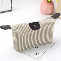 Striped Dumplings Cosmetic Bag Pouch Folding Waterproof Makeup Toiletry Bag Ladies Travel Bag beige