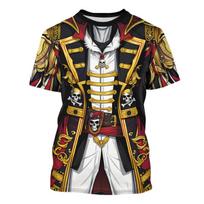 3D Printed Pirate Captain T-shirt Fun Role-playing Costume Neck Short Sleeved T-shirt New Casual T-shirt Men's Top 5XL brown