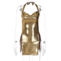 Sexy Spice Girl Style Short Skirt Spring European and American Women's Clothing New Neck Split Silk Hip Wrap Dress XS auksas