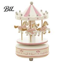 Mechanical Spinning Music Box Wooden Carousel with Rotating Merry-Go-Round Horses, Wind-Up Musical Figurine Artistic Home Decor for Decor, Birthday E