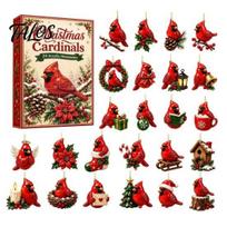 Acrylic Ornament Collection Red Bird Advent Calendar, 24-Day Christmas Countdown Set with Festive Room Decoration Ornaments, 2D Tree Hanging C beige