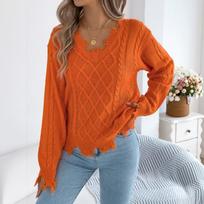 Women's Casual Color V-Neck Cable Knit Long Sleeve Sweater for Everyday Wear S oranžinė