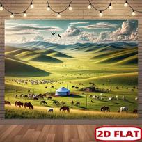 2D Mongolian Steppe Backdrop, Grazing Horses and Sheep Photography Background 59x51.1inch/150*130cm gray