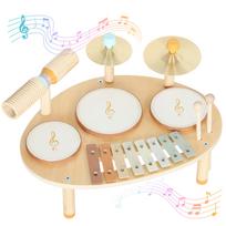 Kūdikio būgnų komplektas, mediniai vaikiški muzikos instrumentai su būgnais ir ksilofonu, dovanos mergaitėms ir berniukams gimtadieniui, natūralus 39.5 x 28.5 x 23 cm natūrali
