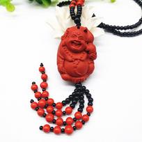 Ethnic Style Unisex Cinnabar Maitreya Buddha Pendant Necklace Polished red