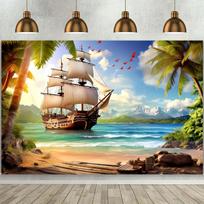 Beach Island Pirate Ship Background Photo Props, Party Home Decor, Party Wall Decor, Birthday Party Background Decor 150x100cm blue