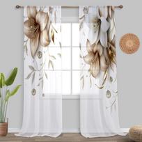2-Pack White And Gold 3D Lilies with Foil Print Luxury Artistic Style Flat Print Curtain 100% Polyester Fabric Pole Pocket No Li 132x160cmx2&Rod pocket &2 panels white