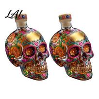Decorative Skull Container Gothic Decanter Hand Painted Glass Liquor Bottle with Floral Room Decoration Design 3D Carved Wine Dispenser for 2pcs gray