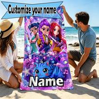 Custom Name Personalized KPop Demon Hunters Print Beach Towel, for Trip Camping Beach Party Home Decor, Birthday Gift for Family & Friends 70cmx140cm(27x55inch) purple