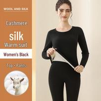 Šilkiniai apatiniai Kašmyro 2025 Šiltas komplektas Vyrams Moterims Rudens žiemos Vilnos pagrindinis sluoksnis Women's black,XL black