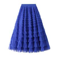 Tutu Cake Sijonai Moteriški Elegantiški pakopiniai raukiniai A linija ilgi sijonai Moteriški laisvalaikio elastinga juosmens vakarėlis nėriniuotas sijonas Faldas L blue