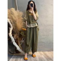 Fashionable Linen Set Women's Summer Print Patchwork Fake Two-Piece Top Harlan Pants Slimming Two-Piece Set S